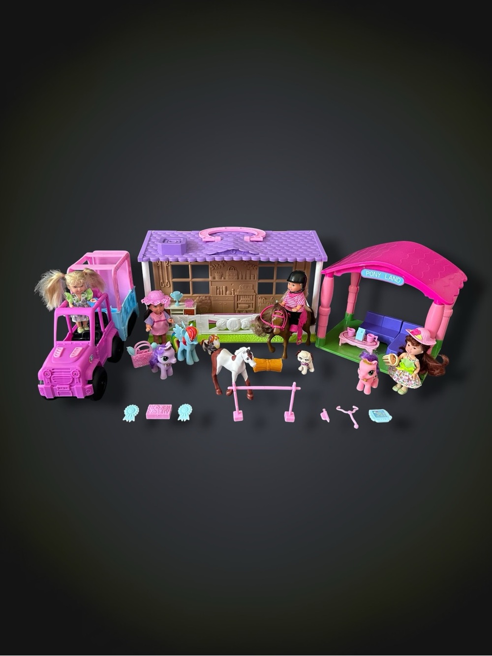 Pony Land Playset with Dolls, Truck (Lights/Sounds) & Trailer, and Accessories